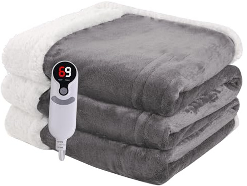 Heated Blanket Electric Blanket Full Size 72''x84'' with 9 Heating Levels, 1-10 Hour Auto Shut Off, Machine Washable, Flannel & Sherpa Soft Warming Blanket for Couch, Bed, Office - Light Grey