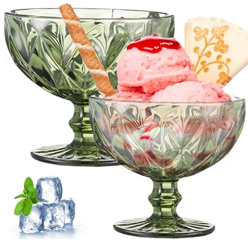 Gcroet 2Pcs Ice Cream Bowls 10 Oz Footed Dessert Bowls 4.7'' Trifle Bowl with Pedestal Vintage Style Dessert Cups for Sundae, Salad, Cocktail Drinks Green..