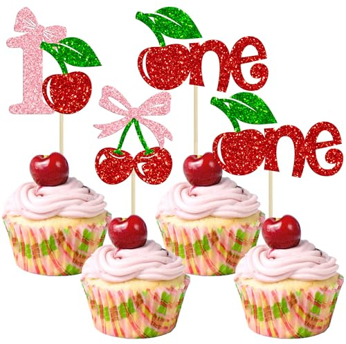 Gyufise Cherry One Cupcake-Aufsätze, Glitzer, rosa Schleife, Kirsch-Cupcake-Picks, 1. Geburtstag, Dekorationen für süße Früchte, Babyparty, Kinder, Mädchen, erster Geburtstag, Party-Dekorationen