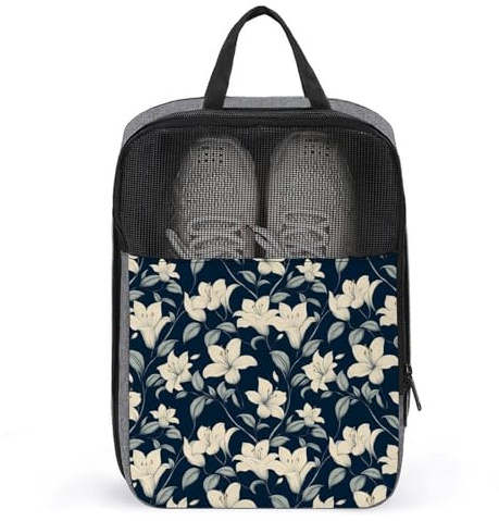 Sacs à chaussures de golf pour voyage pour homme et femme – Imprimé lys blanc bleu marine – Sacs à chaussures de voyage pour l'emballage dans une valise, bowling, danse, pointe de football, sac de