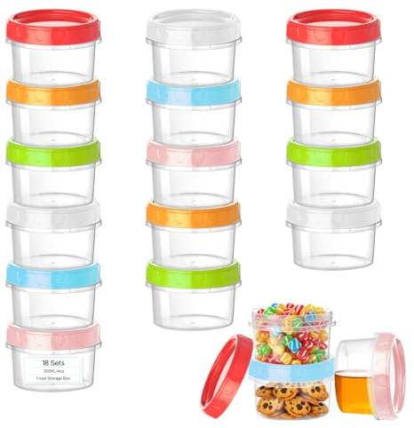 VINATO 18Pcs Contenitori per Alimenti, 120ml Barattolini Plastica Piccoli con Tappo, Set Scatole Plastica, Contenitori per Congelatore, Impilabili