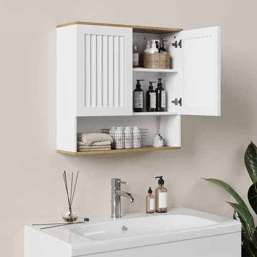 Kiasthome Badezimmer-Wandschrank, Medizinschrank mit Lamellentüren und verstellbarem Regal, über dem WC-Aufbewahrungsschrank für Waschküche, Küche und Wohnzimmer