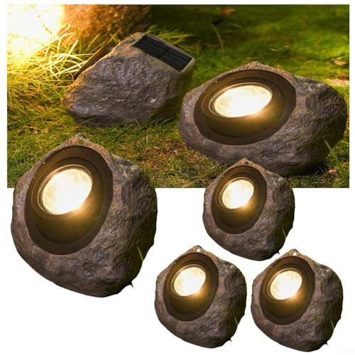 HEIBTENY Lampada solare in pietra per esterni, con LED impermeabile IP65 e doppia modalità di illuminazione, luce decorativa ad energia solare per giardino, patio, vialetto, cortile, paesaggio (4