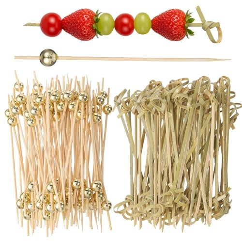 Hadnves 100PCS Bamboo Cocktail Picks Long Fancy Toothpicks Bamboo Knot Skewers Ball Food Cocktail Picks with Looped Knot Party Supplies for Appetizers Drinks Desserts Sandwich Charcuterie Boards