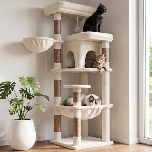 Heybly Cat Tree, 142cm Multi-Level Easy Climb Tower for Large Cats, Cat Furniture with 2 Perches, Cozy Hammock, Spacious Condo & Cat Basket, Durable Sisal Scratching Posts, Beige HCT028MJ