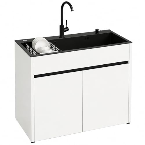 Meuble Évier Cuisine d'été 68/80cm avec Mitigeur Eau Chaude/Froide, Évier Inox avec Égouttoir à vaisselle extensible pour Buanderie, Garage, Studio