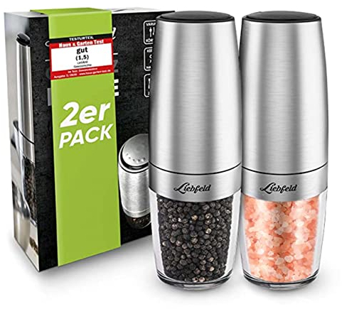 Liebfeld Salz und Pfeffermühle elektrisch (2er Set) - Pfeffer und Salzmühle mit Kippsensor - Elektrische Gewürzmühle aus Edelstahl mit Keramik Mahlwerk - Salz und Pfefferstreuer