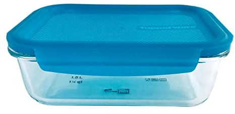 Tupperware Premiaglas - Bicchiere da 1,5 l, in vetro trasparente e turchese, adatto per forno a microonde e contenitore