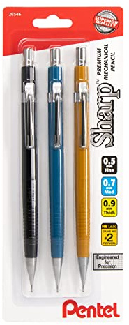 Pentel Sharp Mechanical Pencil 3 pack Assorted Barrels (1 each 0.5mm, 0.7mm, 0.9mm)