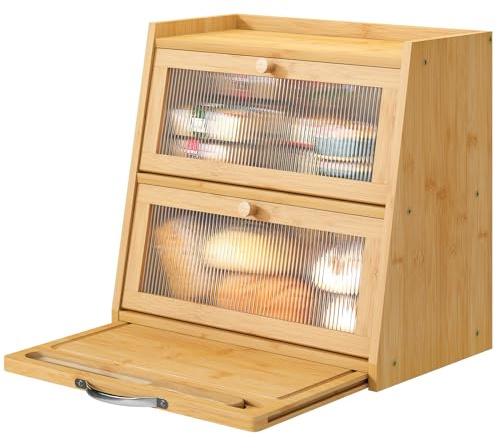 viewcare Large Bread Box for Kitchen Counter With Cutting Board, 2-Tier Bread Box, Bamboo Wood Large Capacity Bread Storage Bin with Acrylic Wavy Door Panel