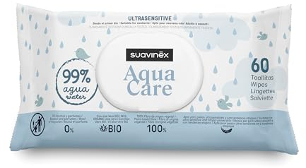 Suavinex, Pack 60 Toallitas Aqua Care para Bebés, Toallitas Húmedas 99% Agua, 0% Alcohol y Perfumes, 100% Fibra Vegetal, Hidratan y Protegen, Aptas para Pieles Ultrasensibles