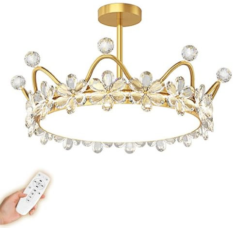 HEYUN Modern Taklampa Kristall LED Guld Kristallkrona Krona Form Ljuskrona Steglös Dimning Art Déco Barnrumsbelysning Med Fjärrkontroll Lämplig För Vardagsrum Sovrum Och Matsal