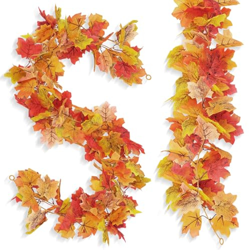 2 Pack Artificial Autumn Fall Maple Leaf Garland, 5.8ft/Piece Hanging Vine with Hooks, Autumn Leaves Foliage for Home Wedding Fireplace Party Christmas Thanksgiving Decor