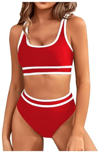 Genfien bikiniset för kvinnor hög midja bikini med hög midja badmode magkontroll bikiniset färgblockerande push-up baddräkt, röd, XS