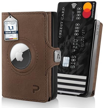 PURISTO KLIK - Cartera delgada con monedero para hombre, pinza para billetes de piel, mini cartera para hombre, con compartimento para monedas, bloqueador RFID, tarjetero de piel, marrón Vintage,