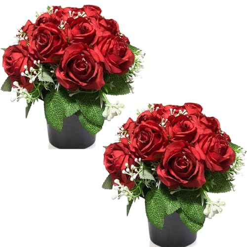 Etomvoop Grabblume im Topf, 12 Köpfe, künstliche Rosen, künstliche Beerdigung, Blumen, für Gedenkstätten, Friedhof, Weihnachten, dekorativ, 2 Stück