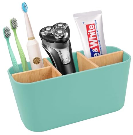 Zahnbürstenhalter Elektrische Zahnbürste, Toothbrush Holder mit Bambus Trennwänden, Zahnbürsten Organizer Familie mit 5 Fächer Aufbewahrungsschlitz, Zahnbürsten Halterung, Bad Organizer Stehend (Blau)