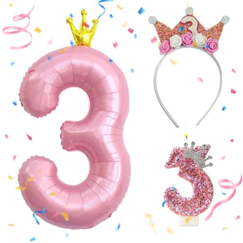 Palloncino Numero 3,Candelina 3 Anno,Corona Compleanno Bambina 3 Anno,Feste Decorazione di Compleanno Palloncino 3 rosa,Decorazioni per la Festa del 3° Compleanno Delle Bambine