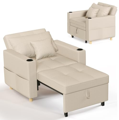 YODOLLA Schlafsofa, 93cm Extrabreit Schlafsessel mit Bettfunktion, Beige | Verstellbarer Rückenlehne, Getränkehalter, 3-in-1 Schlafcouch Einzelsessel mit Bettkasten&Schlaffunktion für Wohnzimmer