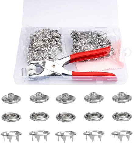 100 Sets 9.5 mm Silver Poppers Fasteners Grommet Kit with Fastener Pliers | Press Studs Snap Fasteners Kit, No Sewing Metal Snap Buttons Rust Proof Eyelets for Fabric Clothing, Bags, Belts DIY Crafts