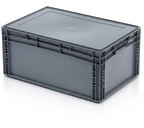 RODOPI 1x Eurobox 60x40x27 cm mit Deckel, ca. 56 L, stapelbarer Eurobehälter aus PP-Kunststoff, Transportbox mit 2 Grifföffnungen, grau