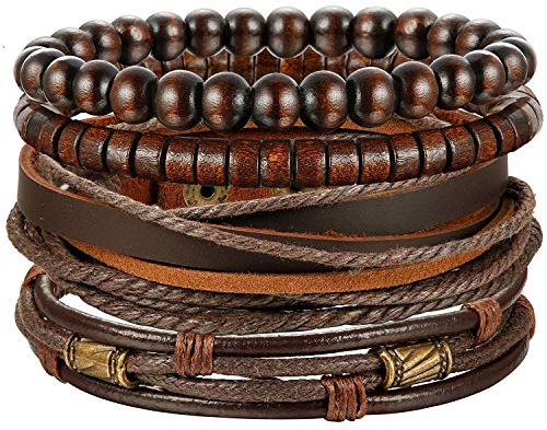 Finrezio Armband Holz Perlen Leder Armbänder Set für Herren Damen Geflochtene Leder Armbänd Vintage Punk Braun