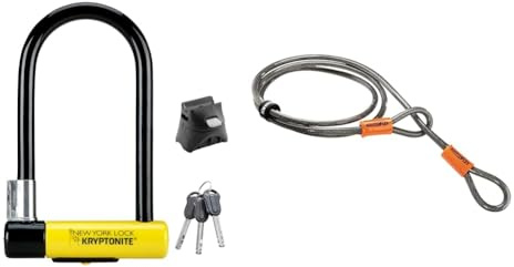 Kryptonite New York Lock Standard (10x20cm) Fahrradschloss, Yellow, 10 x 20 cm & Schlaufenkabel Krypto Flex 213 cm, ⌀10 mm, grau