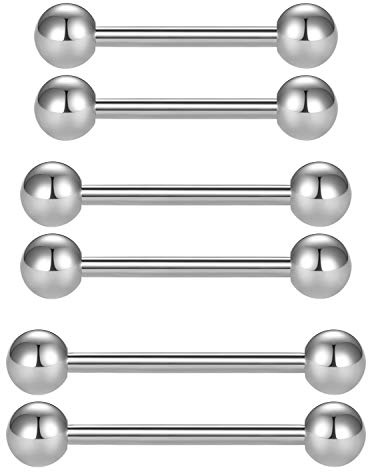 Longita 16G 6 Piezas Piercing Lengua Anillos Pezon Anillos Piercing Industrial Barras Acero Inoxidable Hombre Mujer Piercing Barbell 14-18mm Piercing Joyería-Plata