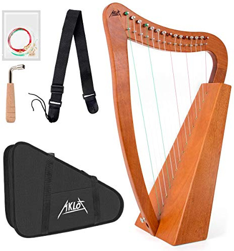 AKLOT Harp 15 strings Mahogany Harp 22 inch Height For Adult Kids Beginner with Tuning Wrench Black Gig Bag Strap Spare Strings