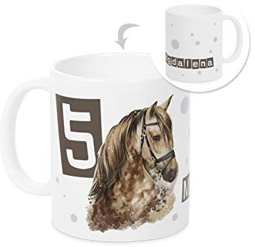 GRAZDesign Pferde Kindertasse mit Namen und Zahl personalisierte Tasse Mädchen Kinder Trinkbecher Kindergeschirr Becher Keramik BPA-frei, 330ml