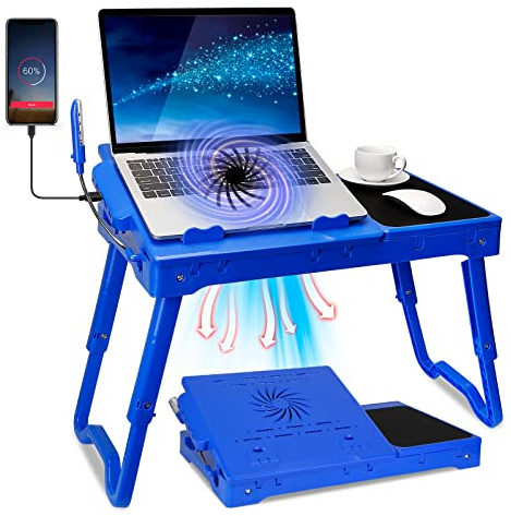 Laptop Desk for Bed Laptop Tray Table Foldable Stand Desk with Cooling Fan, 4 Port USB Hub, Adjustable LED Light, Mouse Pad and Storage Box for Working, Reading on Bed Couch Sofa (Blue)