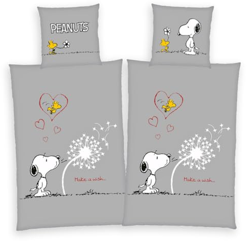 Peanuts Partner Bettwäsche Snoopy 4-teilig Doppelpack 80x80 + 135x200cm 100% Baumwolle mit Reißverschluss