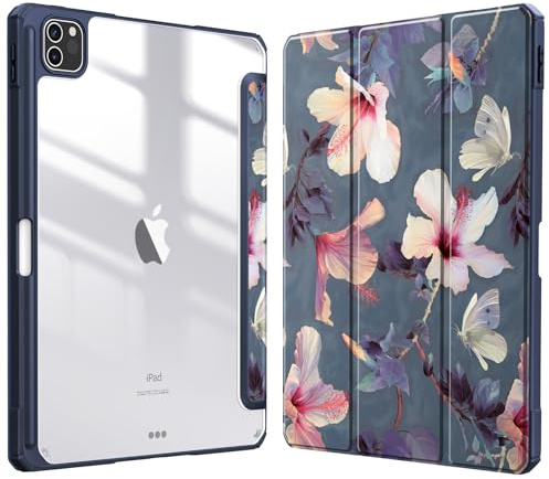 FINTIE Hybrid Hülle für iPad Pro 11 2022/2021 (3./4. Generation) mit Stifthalter - Stoßfeste Schutzhülle mit transparenter Hartschale auf der Rückseite für iPad Pro 11 2020/2018, Hibiskus
