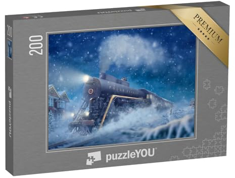 puzzleYOU: Puzzle 200 Teile „Polarexpress in Einer verschneiten Landschaft, Kleiner Junge, Mann auf dem Zug“ – aus der Puzzle-Kollektion Lokomotive