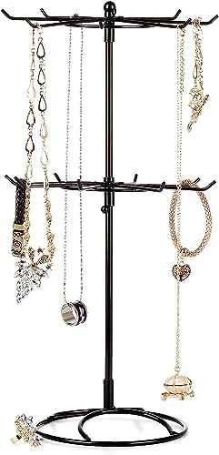 Rylod 2 Tier Rotating Jewelry Display Stand, Necklace Holder Jewelry Tree Bracelet Stand Display Organizer for Necklaces Bracelets Earrings Rings, Black, 5.9x16.3in (WT063011-8885-1946076852)