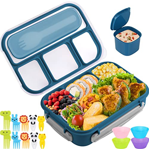 Bento Box, portapranzo per bambini, 1300 ml, contenitore per il pranzo per adulti, con 4 scomparti e stecchini per torte, contenitori per il pranzo per adulti/bambini/bambini, a prova di perdite