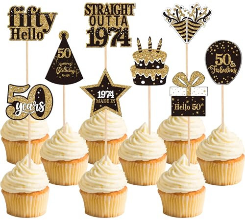 36PCS Happy 50th Birthday Cupcake Toppers Double Sided Black Gold Fifty Hello 50 Straight Outta 1976 Cupcake Picks 50 Fabulous Cheers to 50 Years Cake Decorations for 50th Birthday Party Supplies