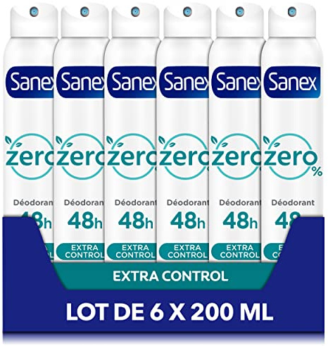 SANEX - Spray Deodorant 0% Extra Control - Deodorant Homme & Femme - Efficacite 48h - Sans Alcool, Sans Sels d'Aluminium - Lot de 6 x 200mL
