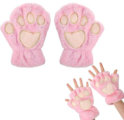 EQLEF Guantes Sin Dedos Mujer, Guantes Garra de Gato Adorable Guantes de Felpa Guantes de Invierno Calientes Guantes de Gato Kawaii para Mujeres y Niñas (Rosa)