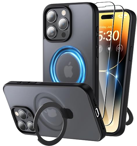Niunisi Magnetic for iPhone 15 Pro Max Case with Stand, Invisible Ring Holder with Screen Protector Compatible with MagSafe Slim Frosted Matte Phone Case Cover 6.7-Inch (2023), Black