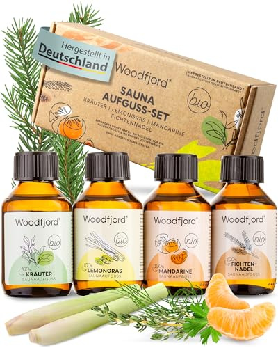 WOODFJORD Saunaaufguss Set BIO Natur, 4 verschiedene Saunadüfte und -Öle | je 100 ml, Premium Sauna Aufgussmittel Set für authentische Saunaerlebnisse, Das perfekte Saunaduft Probierset