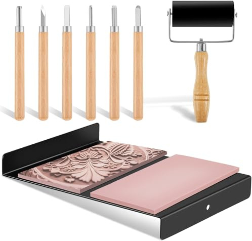 Suzile Block Printing Kit Include 1 Pcs Bench Hook and Inking Plate 2 Pcs Linoleum Block 1 Set Linoleum Cutter with 6 Type Blades 1 Brayer Roller for Carving Printmaking Stamp Tools