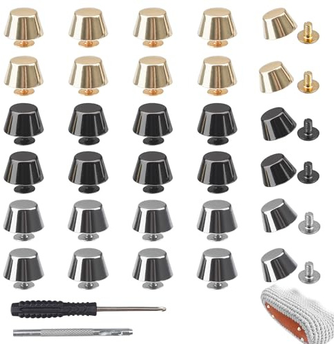 DesertBoy 32 Piezas Remaches de Cuero Remaches de Metal 15mm Patas para Bolsos Remache de Doble Tapa con Punzón Hueco y Destornillador para Bolso de Cuero Cinturones Artesanía de Decoración(3 Colores)