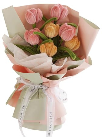 Limpiador de Tuberías Ramo Flores Tulipán Limpiador de Tuberías para Manualidades Alambre Chenilla Juego Flores con Alambre Verde para Manualidades, Papel Regalo, Cinta Regalo para Bricolaje