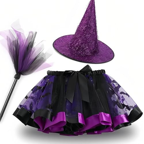 Veroda Halloween Outfits Witch Costumes Tutu Skirt Hat Witch Broom for Kids Girls Halloween Fancy Dress Cosplay Costume (Purple, S(Height:90-100cm))