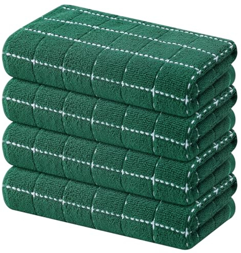 Mordimy 100% Baumwoll-Frottee-Küchentücher, superweiche und saugfähige Geschirrtücher zum Trocknen, Kariertes Design, Handtücher für Küche, 40,6 x 66 cm, 4 Stück, Dunkelgrün