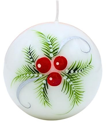 Dekohelden24 Elegante candela a sfera, candela da tavolo, candela decorativa, candela di cera con motivo natalizio, 10 cm, con rami di abete e bacche, in bianco, rosso e verde.