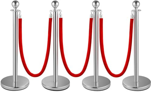 Crowd Control Stanchion, Set with 5 ft/1.5 m Red Velvet Rope, Stanchion Rope Divider, Stainless Steel Queue Barrier Line Divider with Fillable Plastic Base, Airport(4)