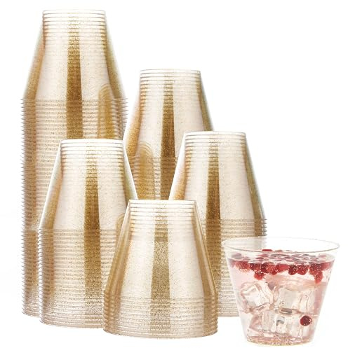 MATANA 120 Premium Plastikbecher, Partybecher, Trinkbecher mit Goldglitter (255ml / 9oz) - Hartplastik Becher, Kunststoffbecher, Mehrwegbecher, Cocktailgläser, Plastikgläser für Hochzeiten & Partys