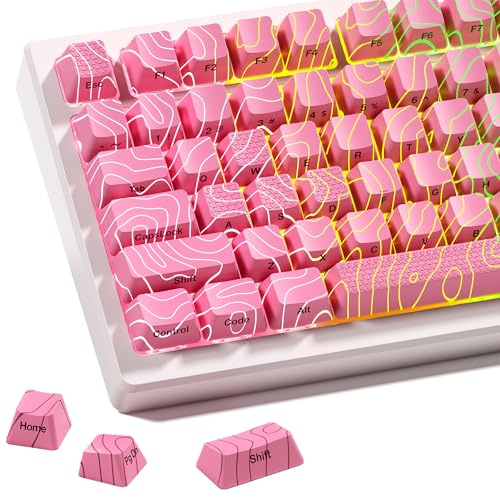 XVX Pink Topographic Keycaps with IMD Tech, Shine Through Custom Keycap 60 75 100 Percent, Lines Backlit Keycap Set, OEM Profile, Side Printed Keyboard Key caps for Keyboards(Only Keycaps)